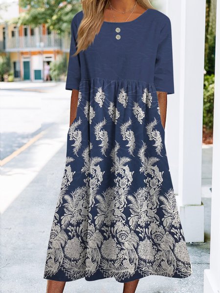 

Rose flower X-Button Long Dress Plus Size, Blue, Dresses