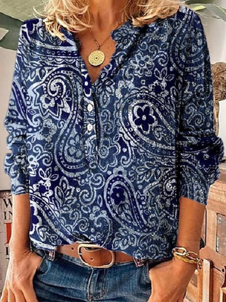 

Casual Loose Paisley Stand Collar Blouse, Navy blue, Shirts & Blouses