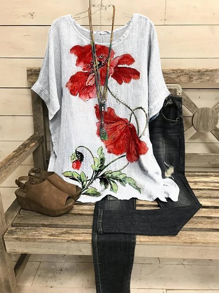 

JFN Crew Neck Floral Casual Red Flower Batwing Sleeve Slit Top, White, Shirts & Blouses
