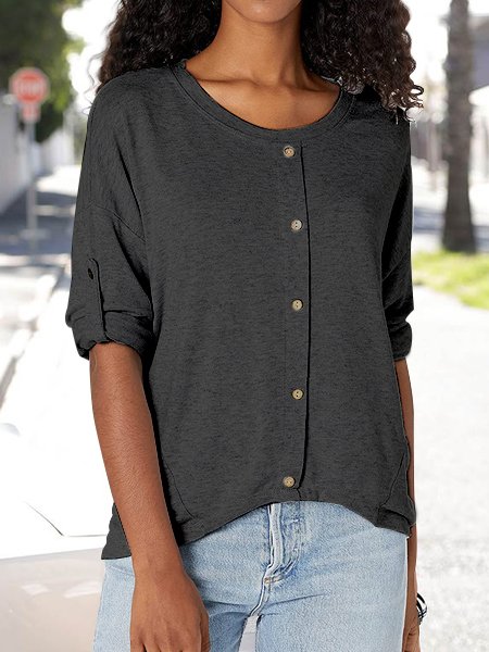

Casual Plain Button-embellished Long-sleeve Knitted Top, Black, Shirts & Blouses