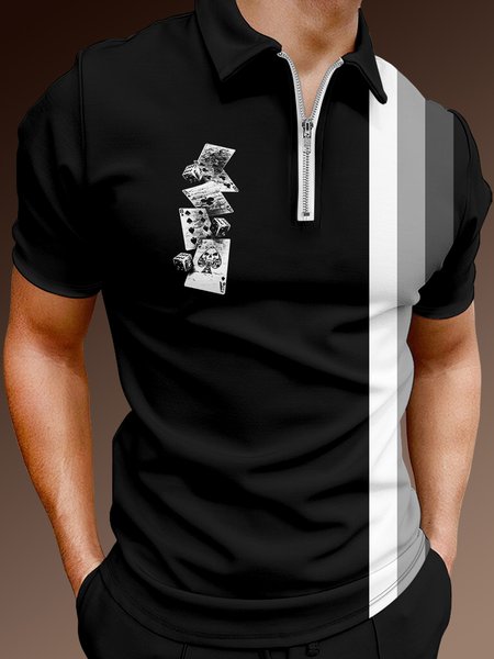 

Resort-Style Hawaiian Geometric Striped Paramount Playing Card Skull Element Pattern Lapel Short-Sleeved Polo Print Top, Black, Polos