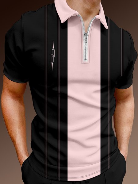 

Casual Art Collection Mid-Century Striped Geometric Color Block Pattern Lapel Short Sleeve Polo Print Top, Black, Polos