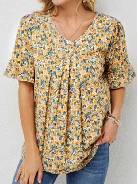 

Floral Loose V Neck Casual Tops, Yellow, Tunics