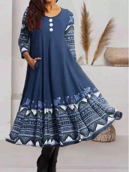 

Floral Cotton-Blend Loose Crew Neck Dresses, Blue, Midi Dresses