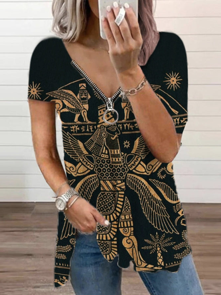 

Casual Regular Sleeve Ethnic V Neck Zipper T-Shirt, Black, Shirts & Blouses