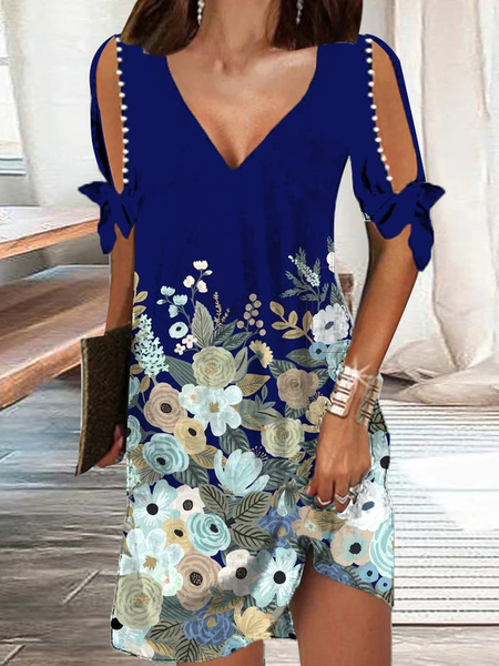 

Floral V Neck Vacation Dresses, Blue, Dresses