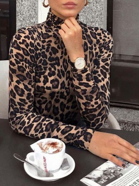 

Daily Turtleneck Leopard Basic T-Shirt, Tees