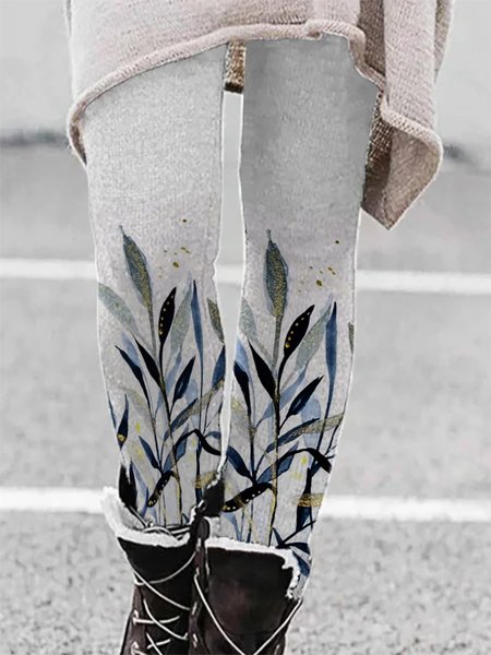 

Casual Leaf Tight Polyester Leggings, Gray, leggings