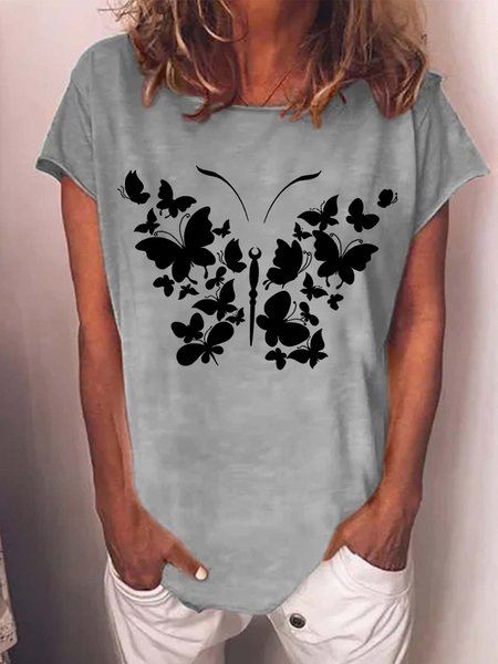 

Women Butterfly Printing Casual T-Shirt, Gray, T-shirts