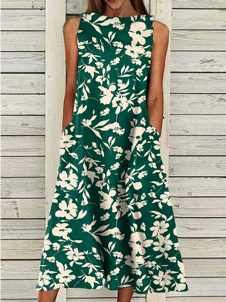 

Floral Crew Neck Casual Loose Dresses, Green, Dresses