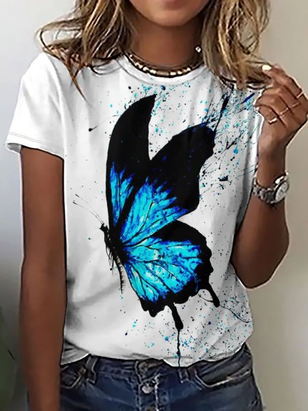 

Women Butterfly Simple Loose Animal T-Shirt, White, T-shirts