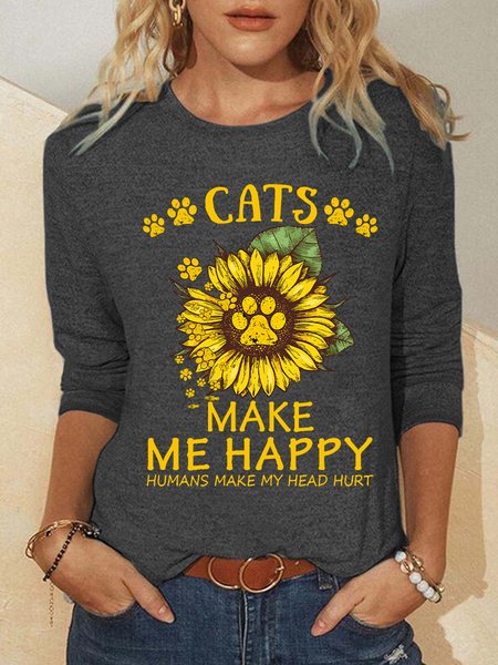 

Women Sunflower Cats Make Me Happy Humans Make Me Head Hurt Basics Fit Cotton-Blend Top, Gray, Long sleeves