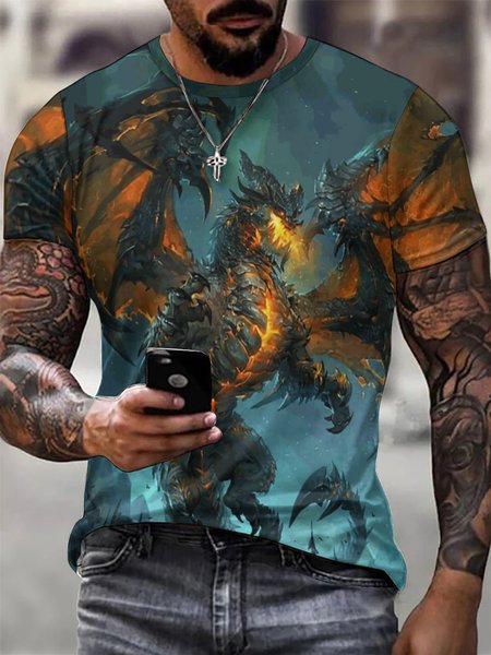 

Men Fire Fly Dragon Galaxy Print Loose Animal Crew Neck T-Shirt, As picture, T-shirts