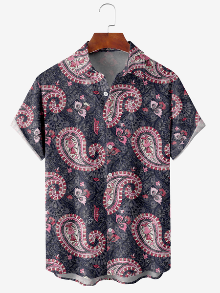 

Men's Cashew Flower Floral Print Moisture-Breathable Fabric Hawaiian Lapel Short Sleeve Shirt, Rose red, Men's Floral shirt