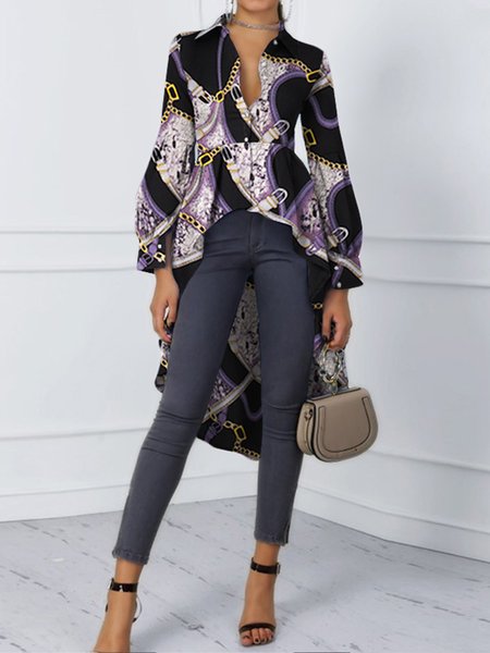 

Shirt Collar Abstract Printed Irregular Craftsmanship Blouse, Purple, Blouses and Shirts