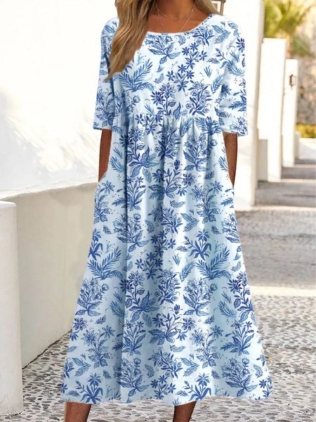 

Loose Landscape Print Crew Neck Dresses, Blue, Dresses