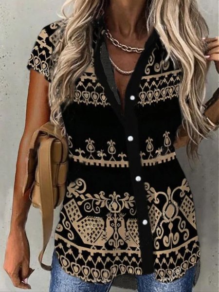 

Casual Cotton-Blend Shirt Collar Blouse, Black, Shirts & Blouses
