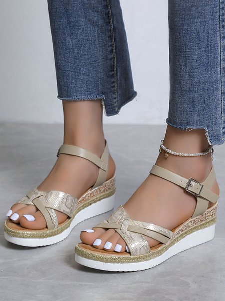 

Snake Print Solid Boho Straw Wedge Sandals, Beige, Sandals