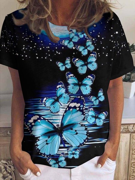 Women Butterfly Loose Simple T-Shirt, Blue, T-shirts