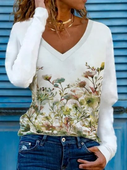 

Casual Regular Fit Floral V neck Long sleeve T-Shirt, White, Shirts & Blouses