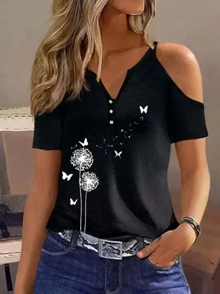 

Floral Casual Cotton-Blend V Neck Tops, Black, T-Shirts