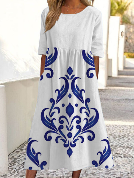 Casual Crew Neck Ethnic Dresses, White, Midi Dresses