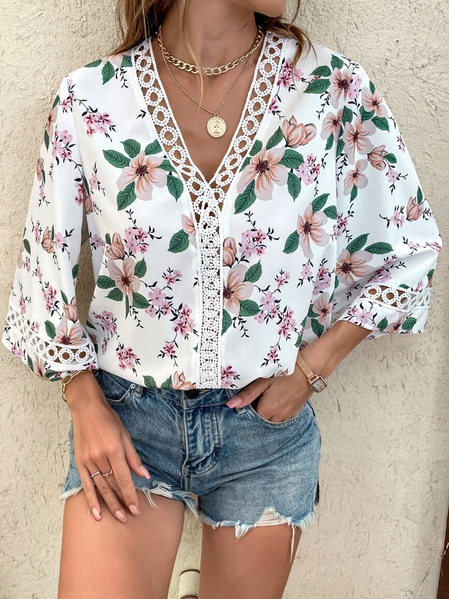 

Floral V Neck Loose Tops, Multicolor, Blouses & Shirts