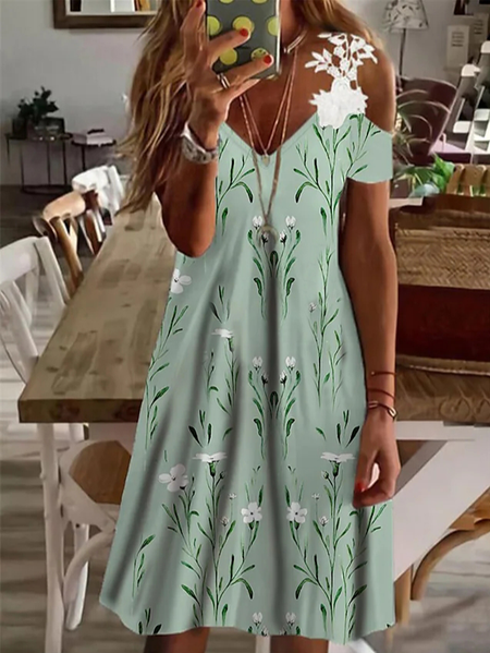 Leaf V Neck Casual Cotton-Blend Dresses, Green, Dresses