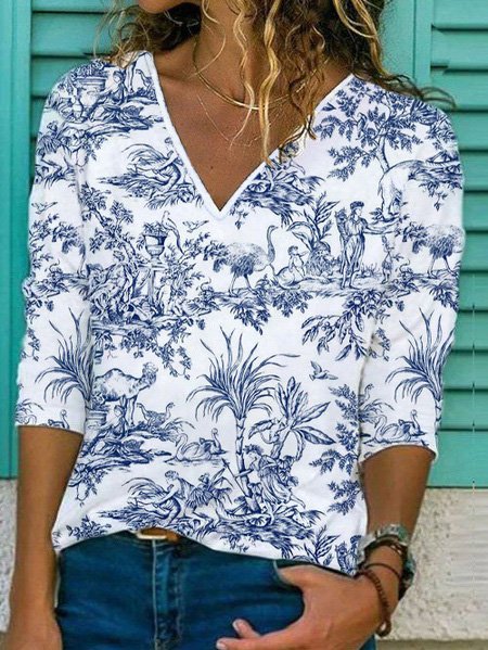 

Landscape Print Casual Loose T-Shirt, Blue, T-Shirts