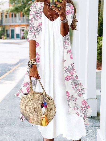 

Rose pattern jacket dress flower two piece Pullover plus size, Pink, Suit Set
