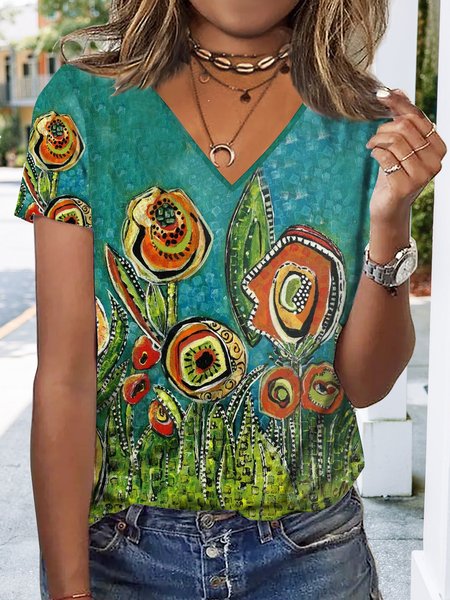 

Abstract rose pattern loose holiday flower T-shirt, Green, T-Shirts