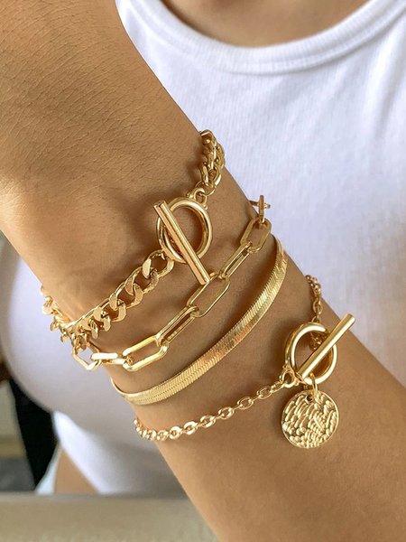 

4Pcs Bohemian Resort Style Thick Chain Multilayer Bracelet Set, Golden, Bracelets