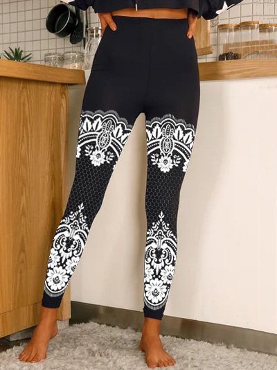

Lace Tight Casual Leggings, Black, leggings