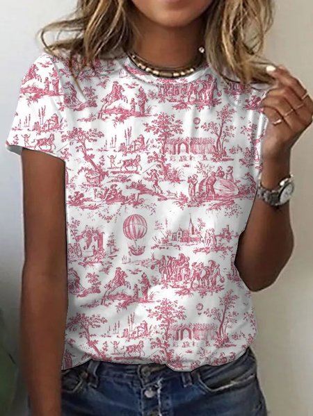 

Casual Landscape Print T-Shirt, Pink-white, T-Shirts