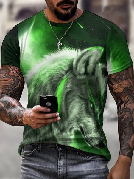 

Men Wolf Printing Casual T-Shirt, Green, T-shirts