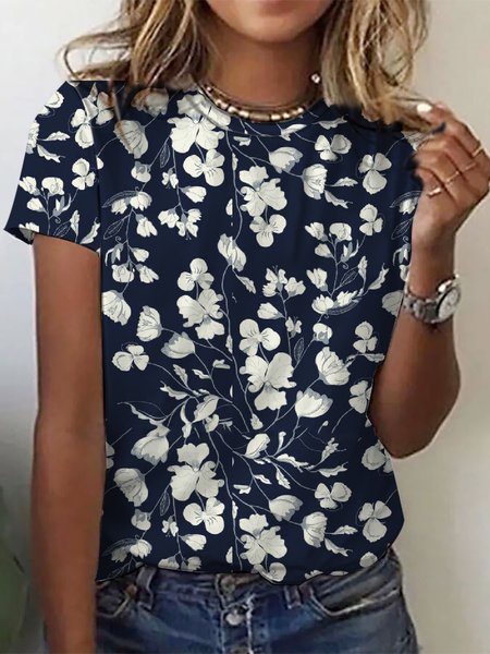 

Casual Floral Design Crew Neck Knit Short Sleeve T-Shirt, Dark blue, T-Shirts