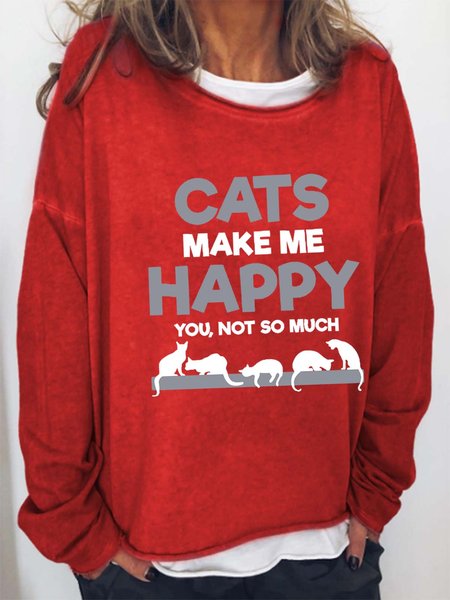 

Women Cat Letter Printing Loose Animal Sweatshirts, Red, Hoodies&Sweatshirts