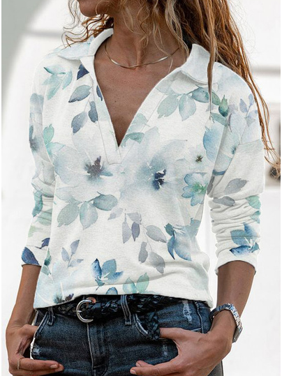 

Floral Casual V Neck Top, Multicolor, Tops