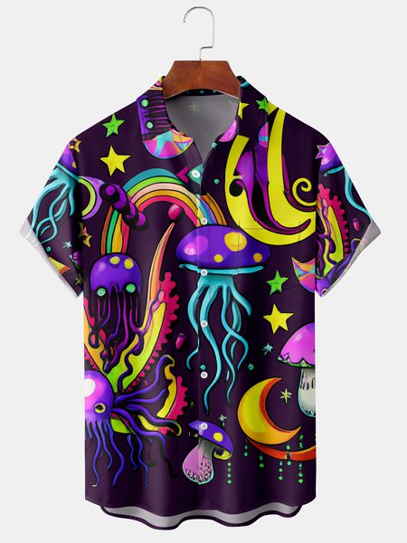 

Mens Hippie Print Front Buttons Soft Breathable Chest Pocket Casual Hawaiian Shirts, Black, Men's Floral shirt