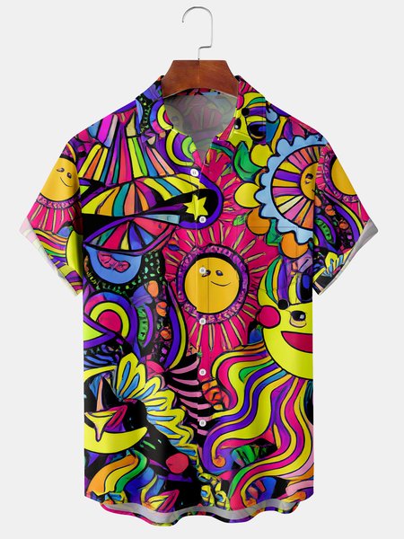

Mens Hippie Print Front Buttons Soft Breathable Chest Pocket Casual Hawaiian Shirts, Red, Men's Floral shirt