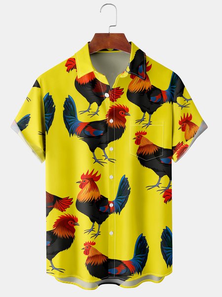 

Mens Cock Print Front Buttons Soft Breathable Chest Pocket Casual Hawaiian Shirts, Yellow, Men's Floral shirt