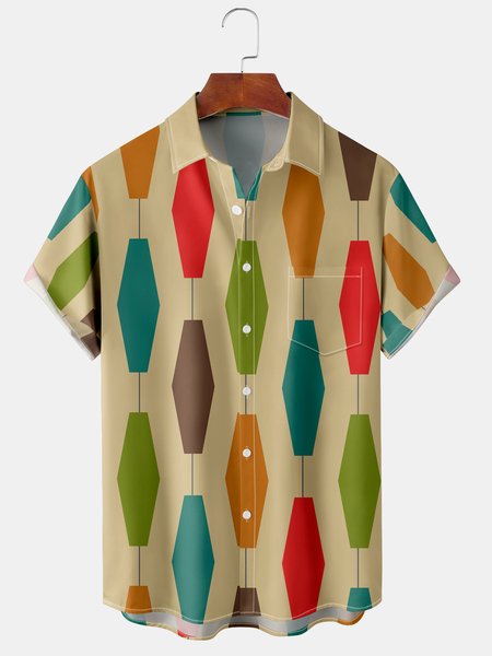 

Casual Art Collection Geometric Color Block Pattern Lapel Short Sleeve Chest Pocket Shirt Print Top, Khaki, Men's Floral shirt