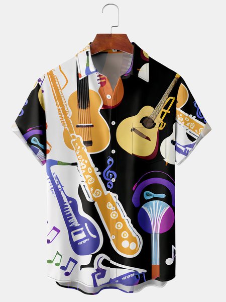 

Mens Music Guitar Print Front Buttons Soft Breathable Chest Pocket Casual Hawaiian Shirts, Black, Men's Floral shirt