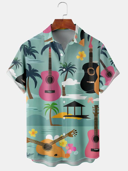 

Mens Guitar Print Front Buttons Soft Breathable Chest Pocket Casual Hawaiian Shirts, Green, Men's Floral shirt