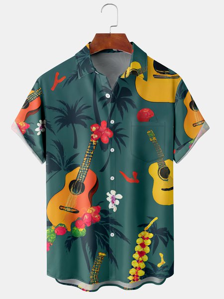 

Mens Guitar Print Front Buttons Soft Breathable Chest Pocket Casual Hawaiian Shirts, Green, Men's Floral shirt