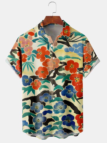 

Mens Japanese Ukiyoe Print Front Buttons Soft Breathable Chest Pocket Casual Hawaiian Shirts, Yellow, Men's Floral shirt