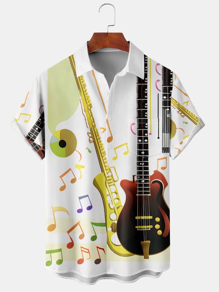 

Mens Music Print Front Buttons Soft Breathable Chest Pocket Casual Hawaiian Shirts, White, Men's Floral shirt