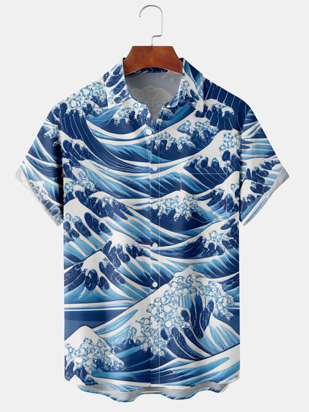 

Mens Japanese Ukiyoe Wave Print Front Buttons Soft Breathable Chest Pocket Casual Hawaiian Shirts, Blue, Men's Floral shirt
