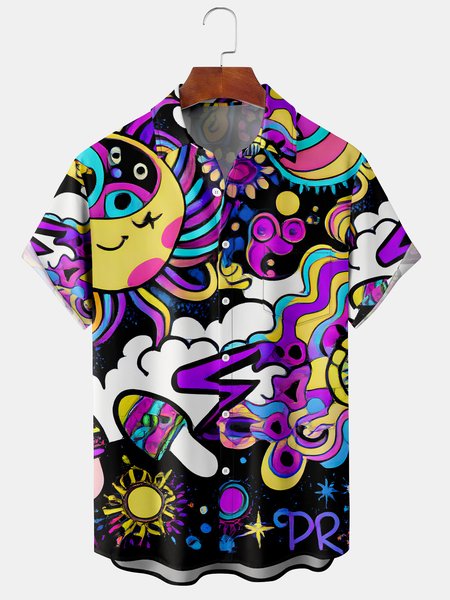 

Mens Hippie Print Front Buttons Soft Breathable Chest Pocket Casual Hawaiian Shirts, Black, Men's Floral shirt