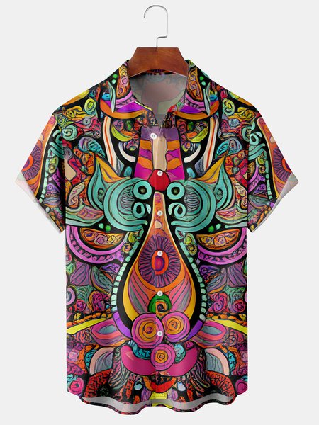 

Mens Hippie Print Front Buttons Soft Breathable Chest Pocket Casual Hawaiian Shirts, Red, Men's Floral shirt